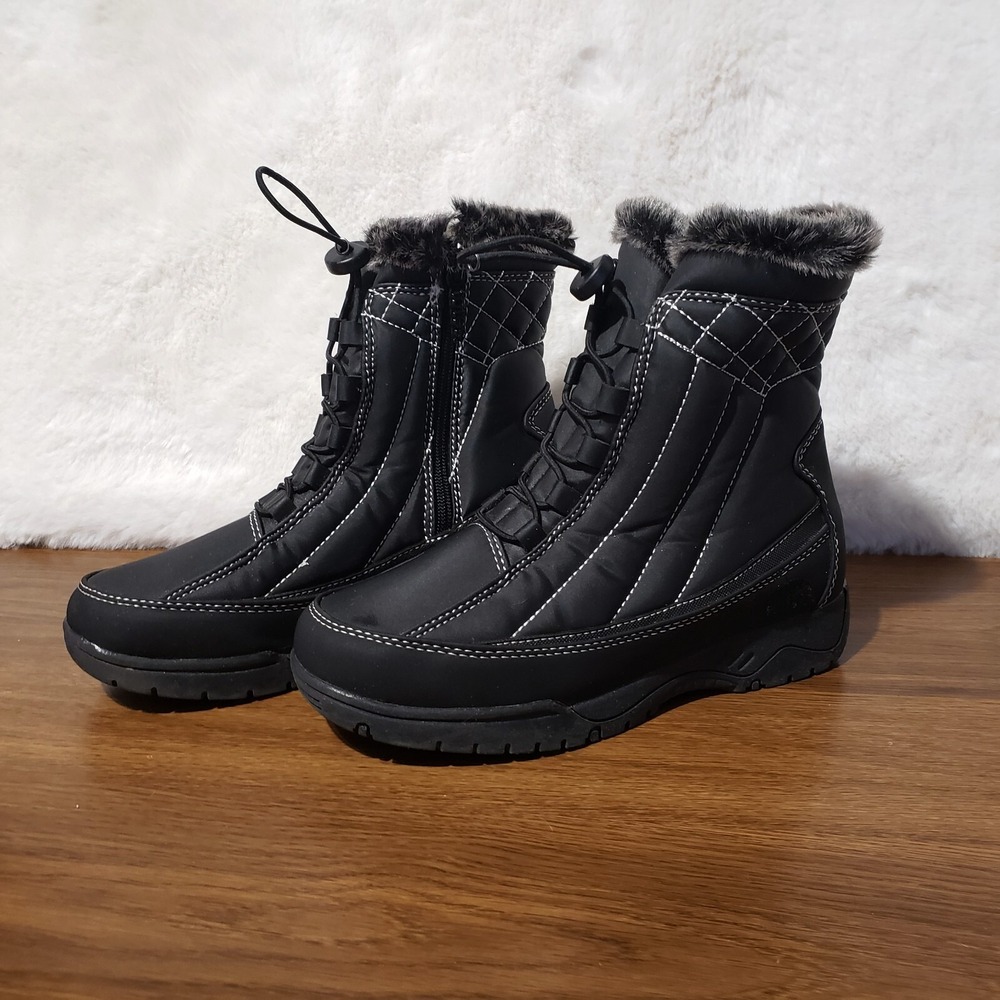 Totes Boots 6.5 Eve Quilted Side Zip Winter Snow Boot Black Fur Water Resistant